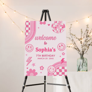 Pink Retro Groovy Birthday Party Welcome Sign