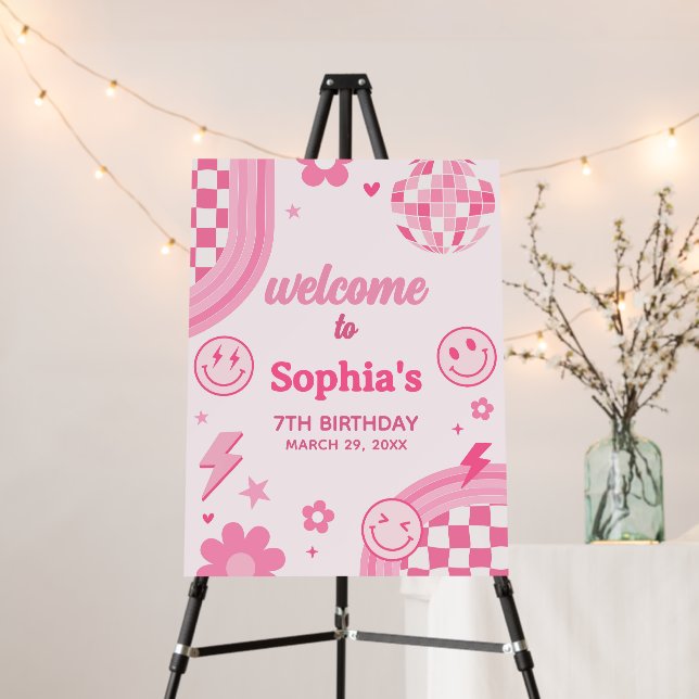 Pink Retro Groovy Birthday Party Welcome Sign (In Situ (Stand))