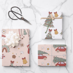 Pink Retro Groovy Car Christmas Tree Wrapping Paper Sheets