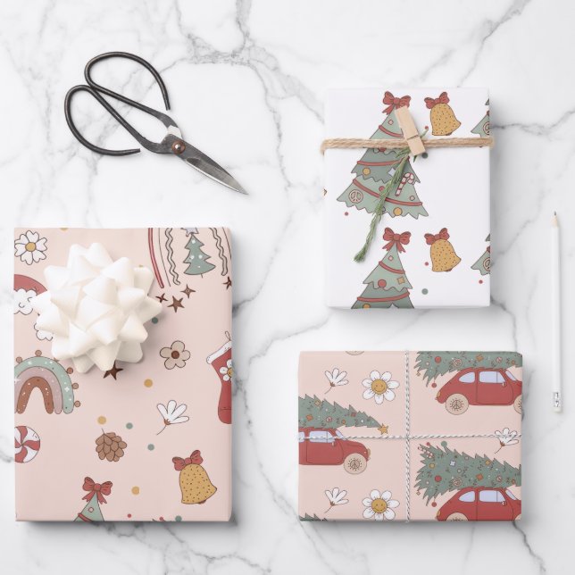 Pink Retro Groovy Car Christmas Tree  Wrapping Paper Sheets (Front)