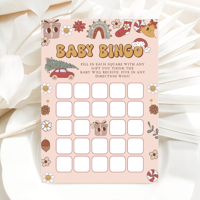 Pink Retro Groovy Christmas Baby Shower Bingo Game Invitation (Creator Uploaded)