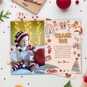 Pink Retro Groovy Christmas Tree Birthday Thank You Card