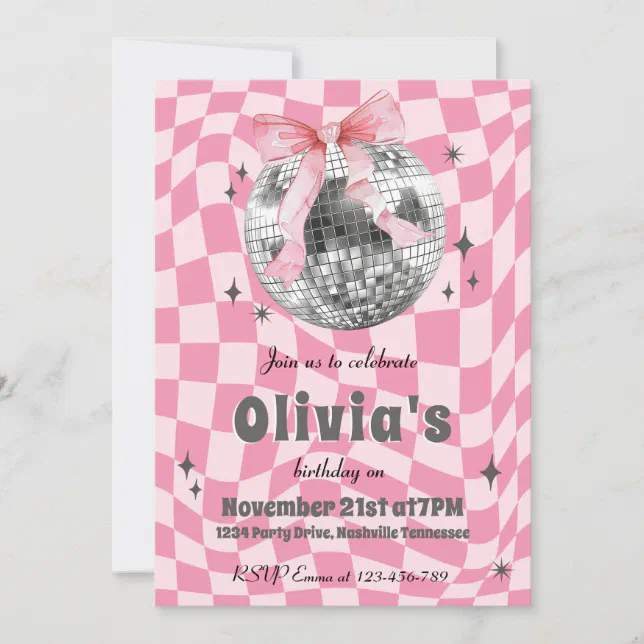 Pink Retro Groovy Coquette Disco Ball Birthday Invitation | Zazzle
