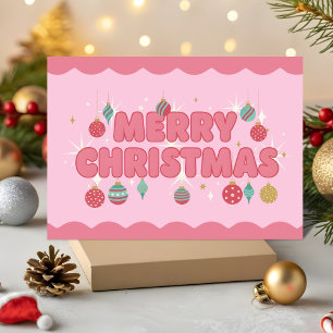 Pink Retro Groovy Merry Christmas Holiday Card