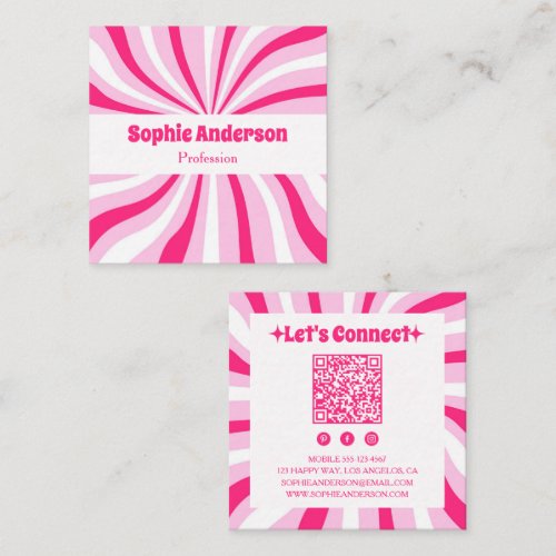 Pink Retro Groovy Modern QR Code Square Business Card