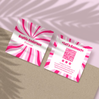 Pink Retro Groovy Modern QR Code Square Business Card