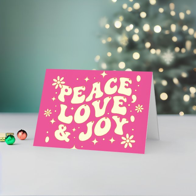 Pink Retro Groovy Peace Love Joy Christmas Foil Holiday Card (Holiday In Situ 2)