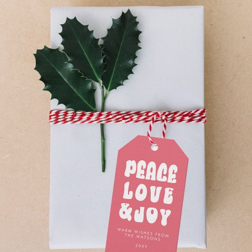 Pink Retro Groovy Peace Love Joy Holiday Gift Tags