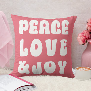 Pink Retro Groovy Peace Love Joy Holiday Throw Pillow