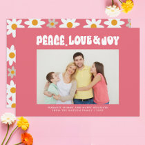 Pink Retro Groovy Peace Love Joy Photo Holiday Card