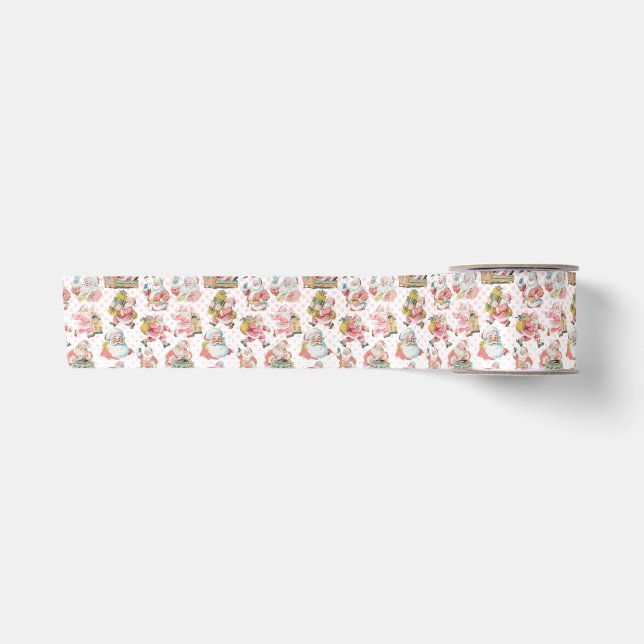 Pink Retro Groovy Santa Claus Christmas Satin Ribbon (Front)