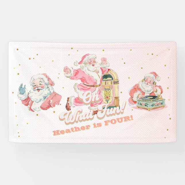 Pink Retro Groovy Santa Claus-Girl Birthday Party Banner (Horizontal)