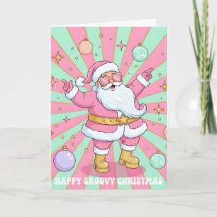Pink Retro Groovy Santa Claus Merry Christmas Holiday Card