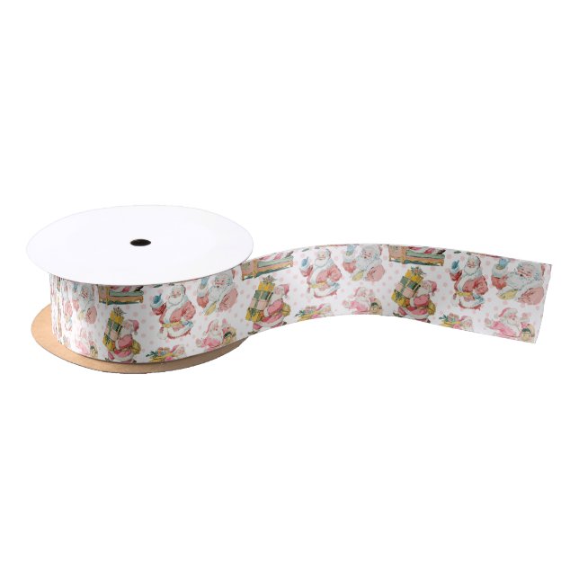 Pink Retro Groovy Santa CLause Christmas Satin Ribbon (Spool)