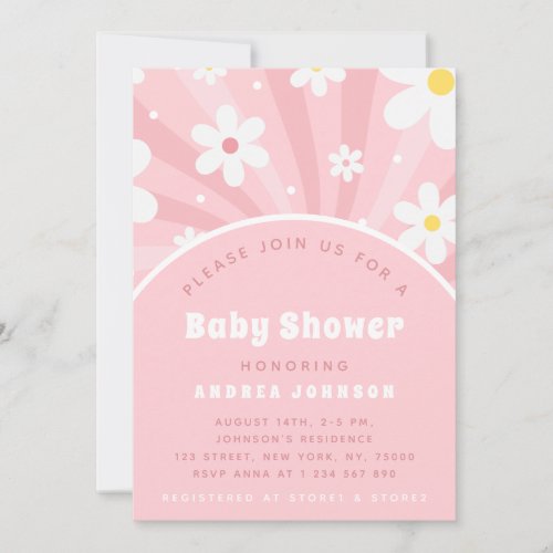 Pink Retro Groovy Sunshine Floral Girl Baby Shower Invitation