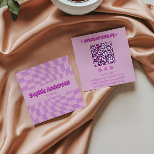 Pink Retro Groovy Wavy Checkered with QR Code Square Business Card