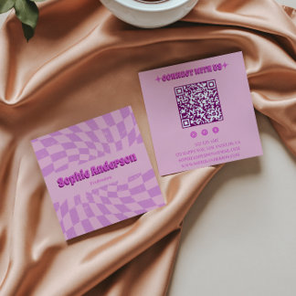 Pink Retro Groovy Wavy Checkered with QR Code      Square Business Card