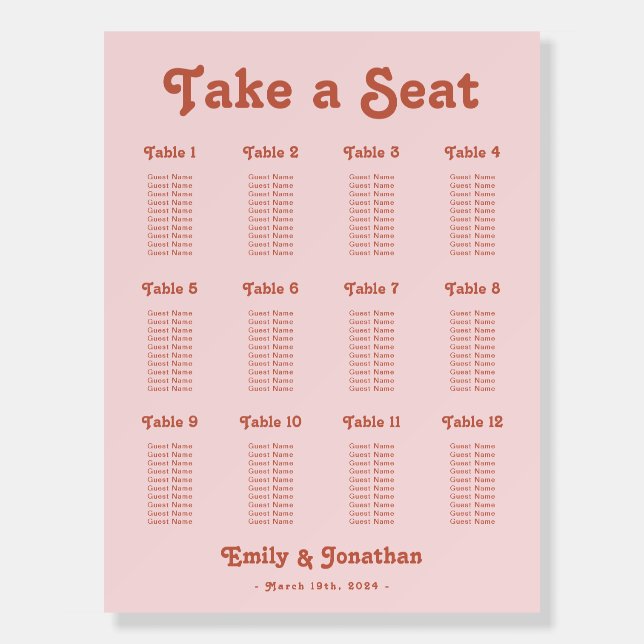 Pink Retro Groovy Wedding Seating Chart Foam Board (Front)