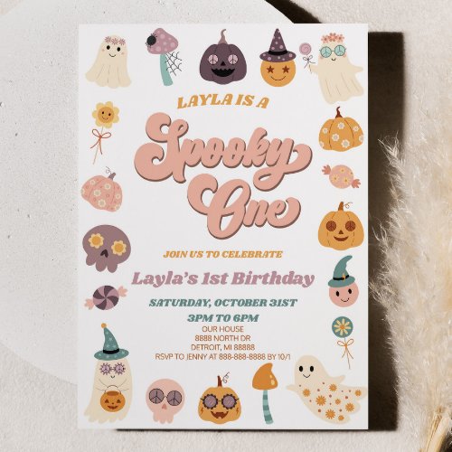 Pink Retro Halloween Spooky One 1st Birthday Party Invitation