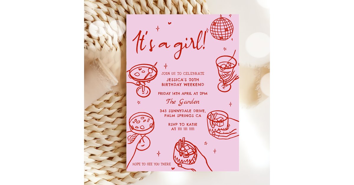 Pink Retro Hand Drawn Baby Shower Invitation | Zazzle
