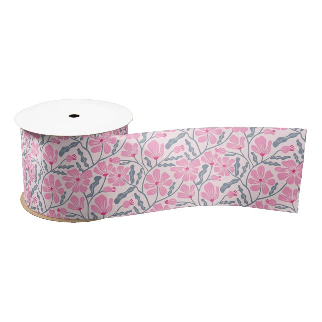 Pink Retro Hand Drawn Floral Pattern Satin Ribbon (Spool)