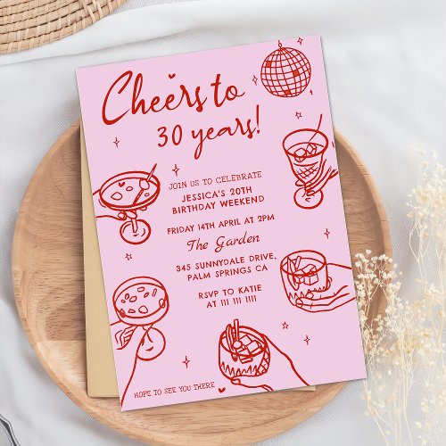 Pink Retro Hand Drawn Funky Birthday Party Invitation