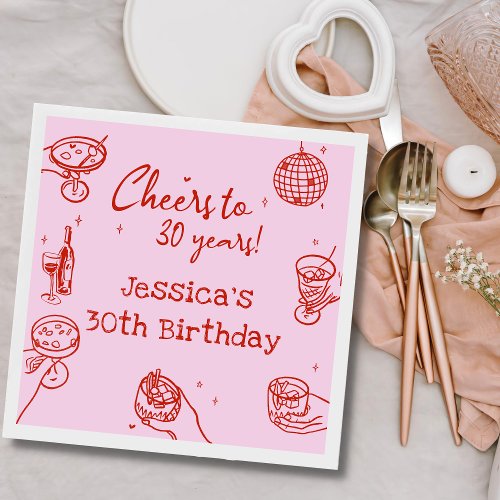 Pink Retro Hand drawn Funky Cocktail Birthday Napkins