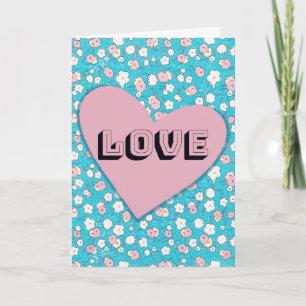 Pink Retro Heart and Florals Valentine's Card