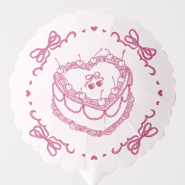 Pink Retro Heart Coquette Cherry Cake Bachelorette Balloon (Front)