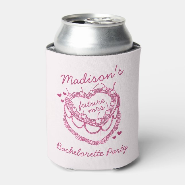 Pink Retro Heart Coquette Cherry Cake Bachelorette Can Cooler (Can Front)