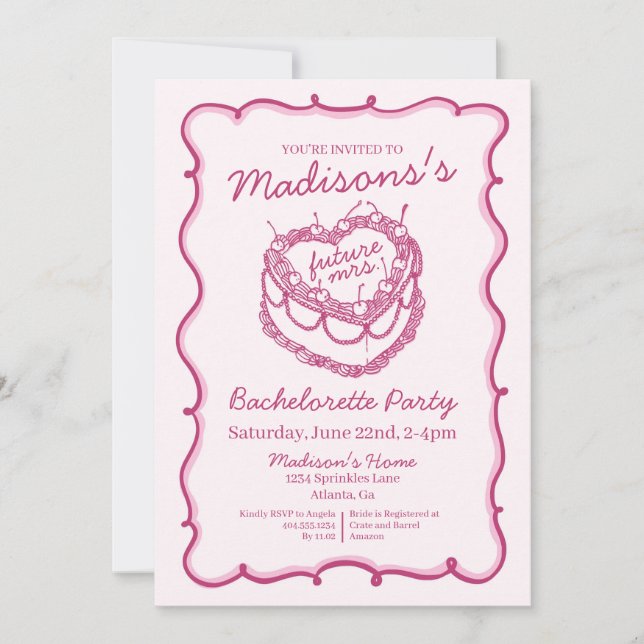 Pink Retro Heart Coquette Cherry Cake Bachelorette Invitation (Front)