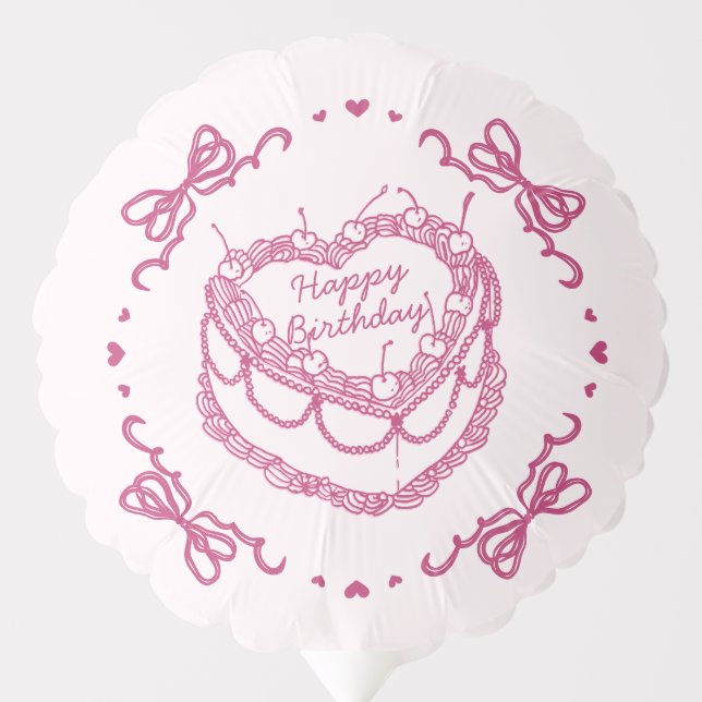 Pink Retro Heart Coquette Cherry Cake Birthday Balloon (Front)