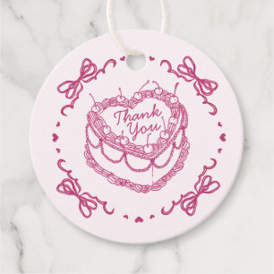 Pink Retro Heart Coquette Cherry Cake Birthday Favor Tags