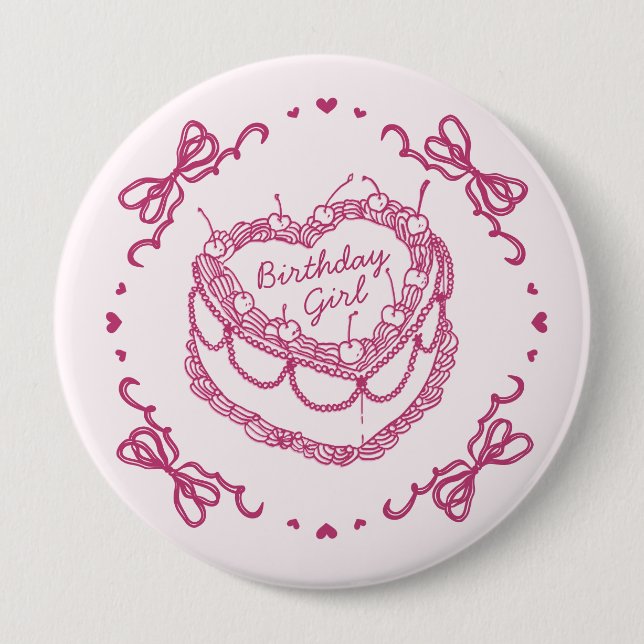 Pink Retro Heart Coquette Cherry Cake Birthday Gir Button (Front)