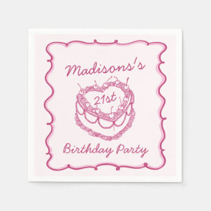 Pink Retro Heart Coquette Cherry Cake Birthday Napkins