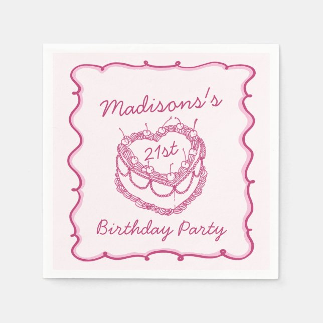 Pink Retro Heart Coquette Cherry Cake Birthday Napkins (Front)
