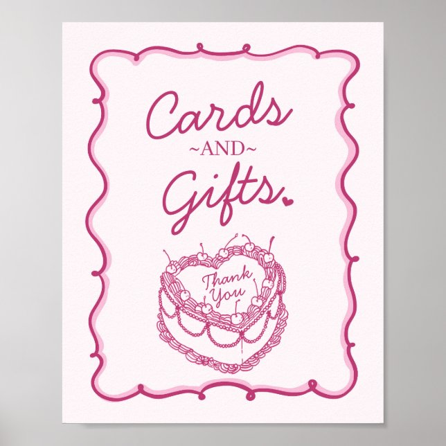 Pink Retro Heart Coquette Cherry Cake Birthday Poster (Front)