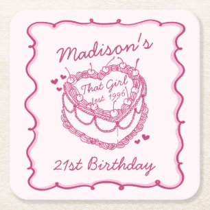 Pink Retro Heart Coquette Cherry Cake Birthday Square Paper Coaster