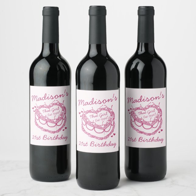 Pink Retro Heart Coquette Cherry Cake Birthday Wine Label (Bottles)