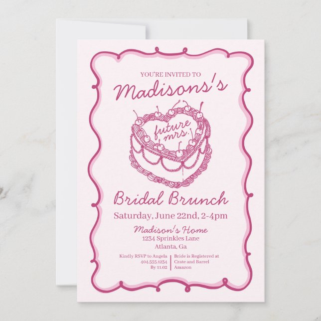 Pink Retro Heart Coquette Cherry Cake Bridal Brunc Invitation (Front)