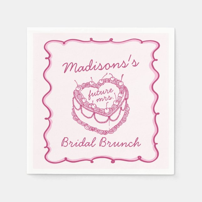 Pink Retro Heart Coquette Cherry Cake Bridal Brunc Napkins (Front)