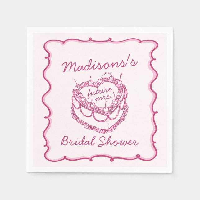 Pink Retro Heart Coquette Cherry Cake Bridal Showe Napkins (Front)