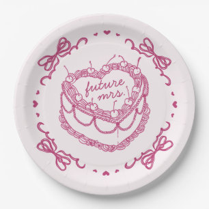 Pink Retro Heart Coquette Cherry Cake Bridal Showe Paper Plates
