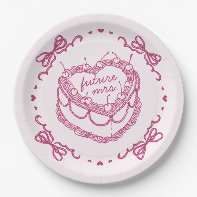 Pink Retro Heart Coquette Cherry Cake Bridal Showe Paper Plates (Front)