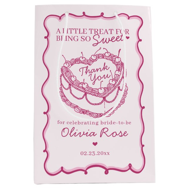 Pink Retro Heart Coquette Cherry Cake BridalShower Medium Gift Bag (Front)
