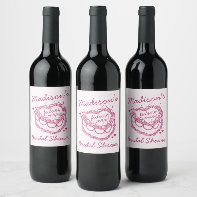 Pink Retro Heart Coquette Cherry Cake BridalShower Wine Label (Bottles)