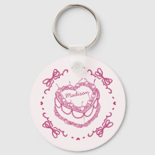 Pink Retro Heart Coquette Cherry Cake Favors Keychain