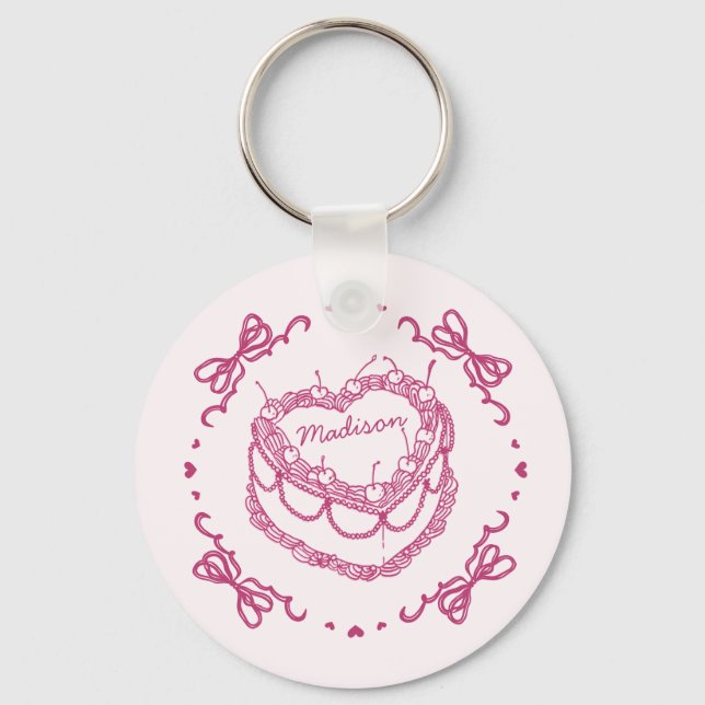 Pink Retro Heart Coquette Cherry Cake Favors Keychain (Front)