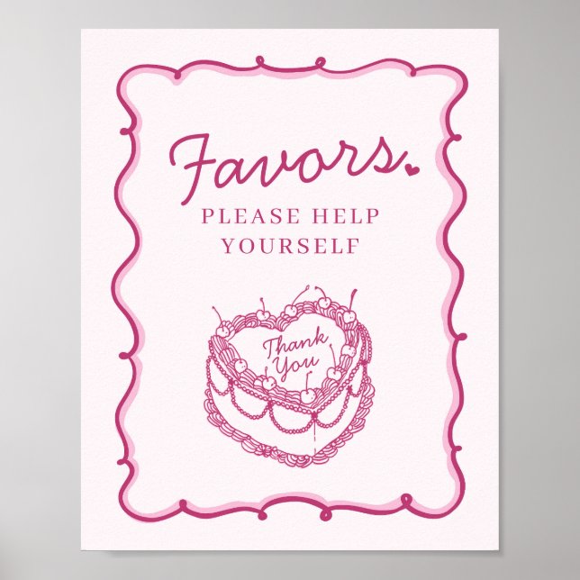 Pink Retro Heart Coquette Cherry Cake Favors Poster (Front)