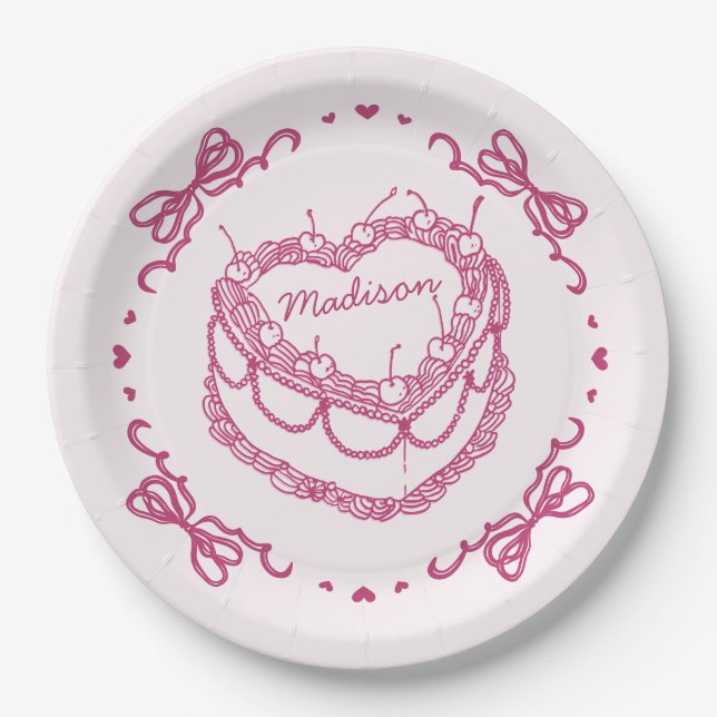 Pink Retro Heart Coquette Cherry Cake Personalized Paper Plates (Front)
